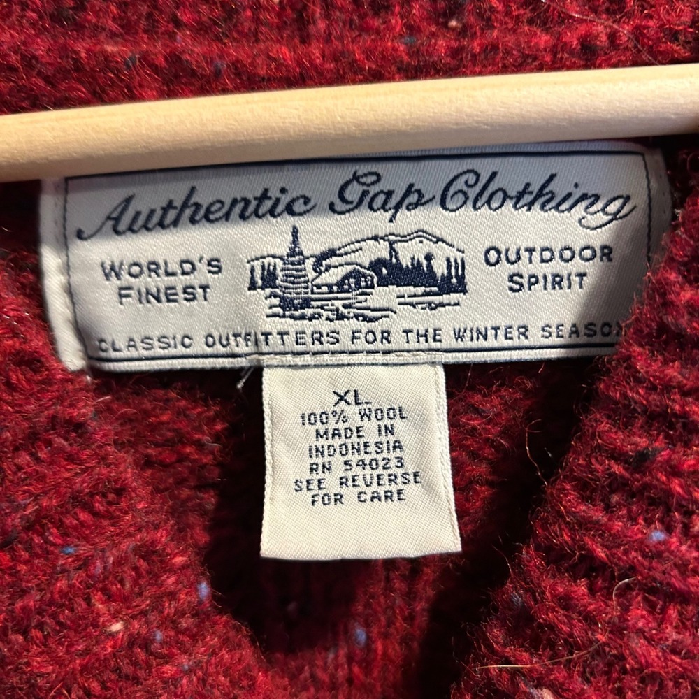 Vintage Gap Sweater Mens XL Red 100% Wool Cable Knit V-Neck Donegal Fleck - Picture 2 of 8